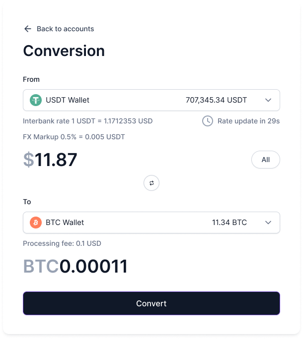 Enum8 currency conversion: USDT wallet to BTC wallet, exchange rate and conversion fee