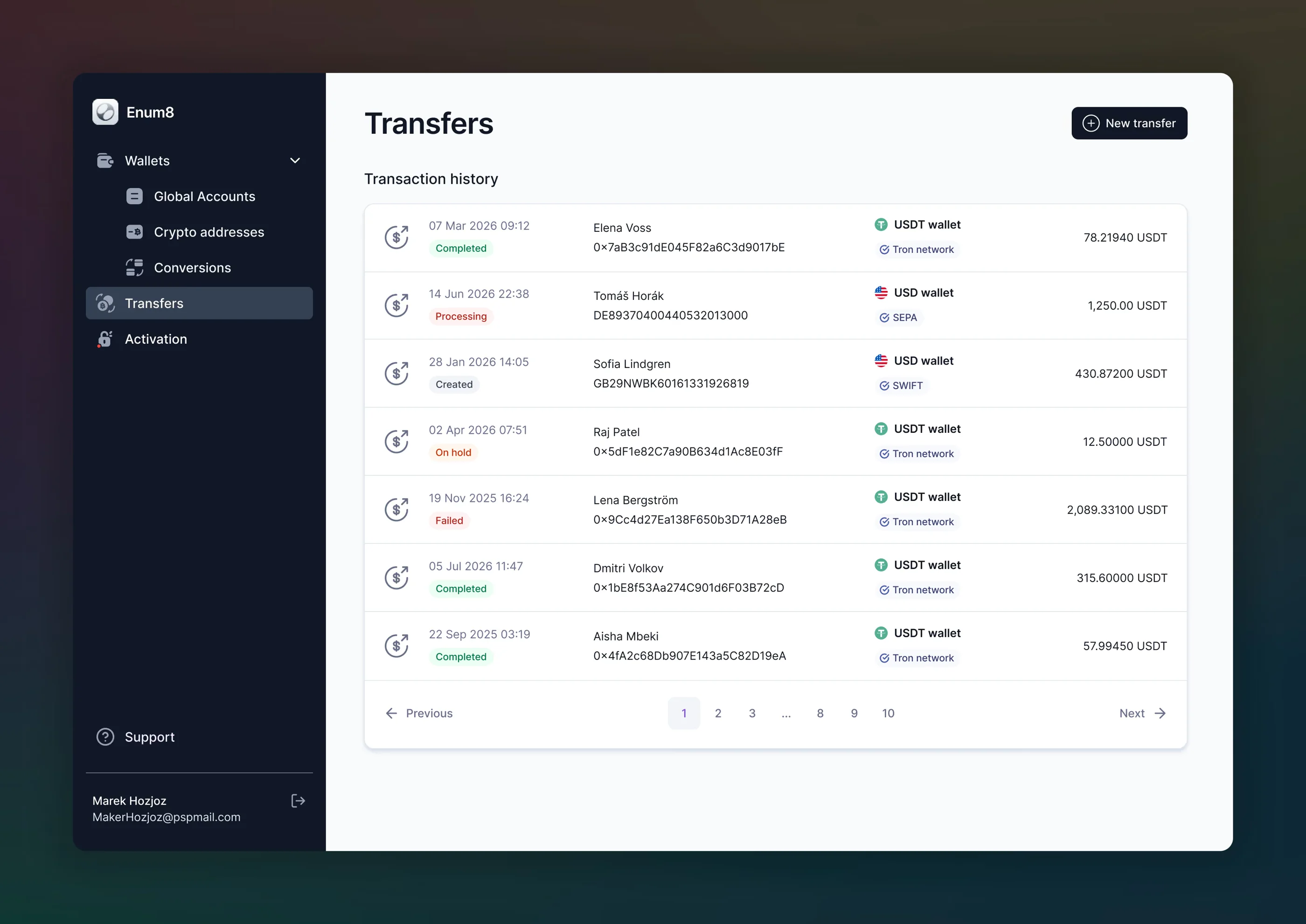 Enum8 transfers with fiat and crypto wallets and transaction statuses